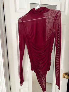 Free People Burgundy Ruched Sheer Long-Sleeve Bodysuit
